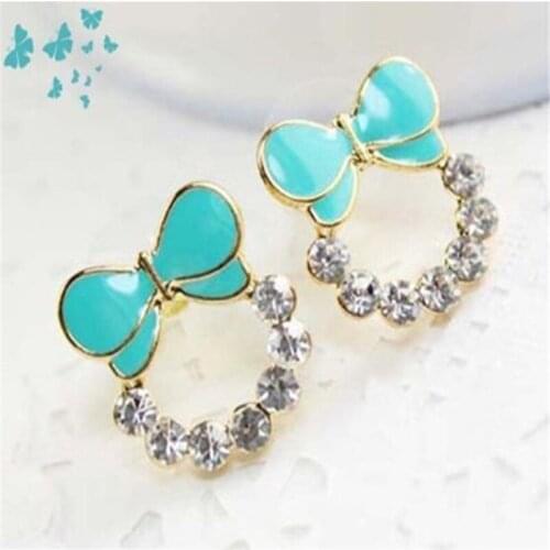 2019 New Design Korean Version Candy-Colored blue orange color Bow Inlaid Crystal Earrings Jewelry