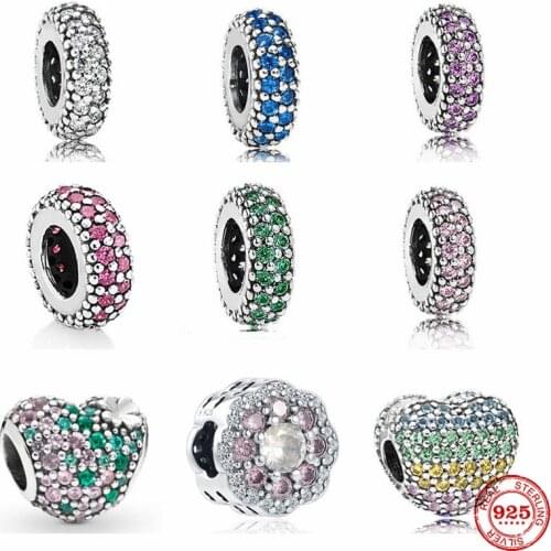 New Colorful Stone Spacer-Bead Heart Cilp Flower Fit Pandora Original Bracelet Charms Silver 925 Beads For Women DIY Jewelry