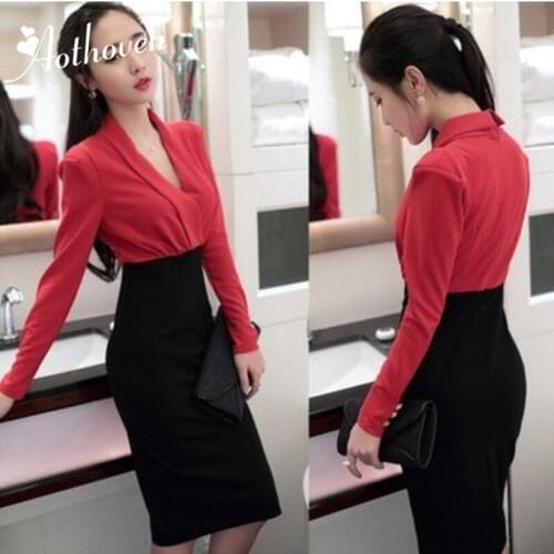Autumn High Quality Womens Dress Red Patchwork Workwear Elegant V Neck Long Sleeve Dresses Business Pencil Bodycon Dress Vestido