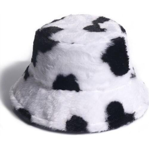 Bucket hat rabbit fur black and white cow pattern fisherman hat autumn and winter plush fashion warm ins basin hat панама