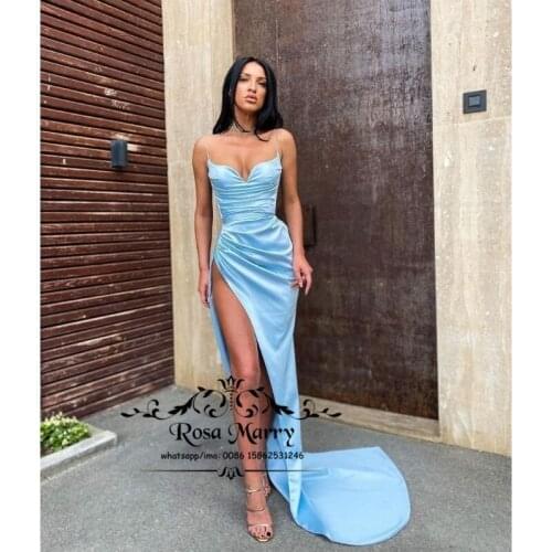 Sexy Blue Cheap Evening Dresses for Women 2021 Mermaid High Split Long Satin Celebrity Prom Party Gowns Vestido De Fiesta Largos