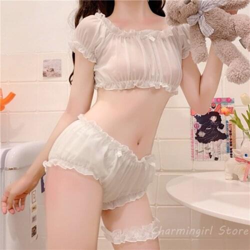New Style Pajamas Women Sleepwear Cute Floral Chiffon Sexy Lace Sleep Tops Short Underwear Set Off Shoulder Ruffle Lingerie