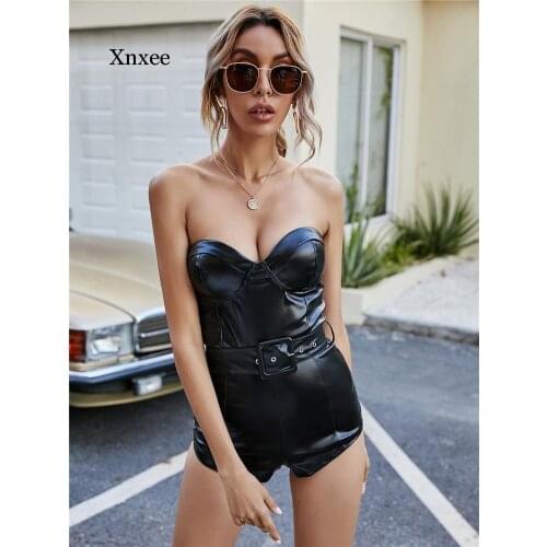 Sexy PU Bodysuit Women Chest Wrap Tops Tees With Sashes Back Zipper Rompers Womens Jumpsuit Body Black D11518A