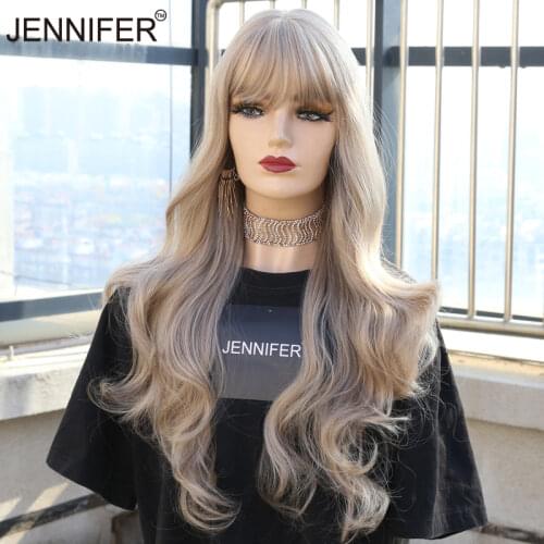 Bangs Ombre Brown Platinum Blonde Synthetic Wavy Wigs for African American Women 24inches Wigs with Bangs for Black/White Women