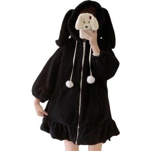 Women Fashion Cute Bunny Ear Hoodie Coats Adults Fuzzy Fluffy Long Sleeve Sweatshirt with/without Pom Poms Ponchos