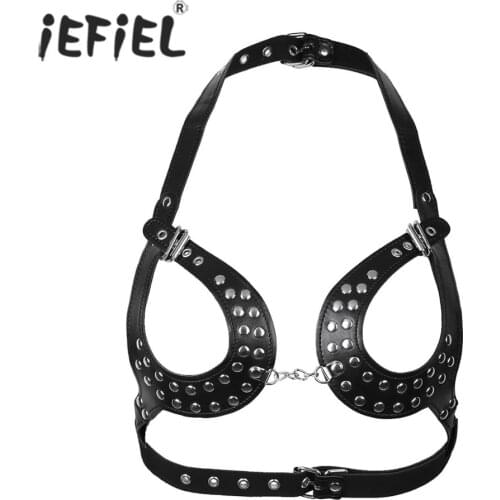 Women Sexy Ladies PU Leather Adjustable Body Chain Harness Bra Belt with Buckles Rivets for Costumes Party Cosplay Open Bra Tops