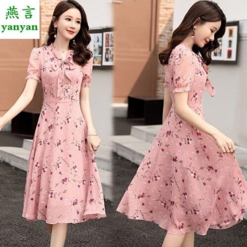 2021 New Spring Summer Sweet Chiffon Lace Dress Fashion Bow Tie Long Dresses For Women Short Sleeve Print Casual French Skirt