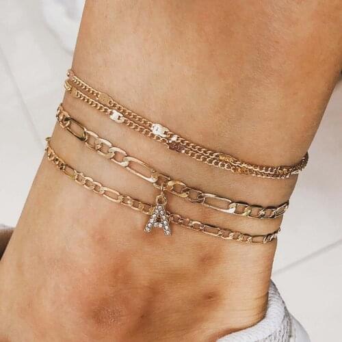 3pcs/set Of Fashion Personality Crystal Letter Anklet Female Bracelet A Letter Anklet Female Golden Leg Anklet Jewelry Gift