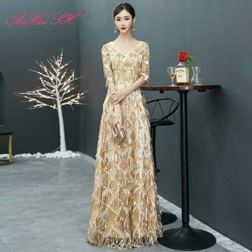 AXJFU princess golden satin beading sparkly evening dress vintage v neck half sleeve a line zipper red evening dress black dress