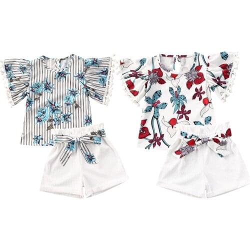 2020 Baby Summer Clothing 6M-5T Infant Kids Baby Girls Striped Floral Shirts Sash Shorts 2Pcs Flare Sleeve Clothes Sunsuit