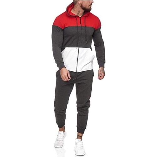 Mens Autumn Long Sleeve Trouser Suit Color Matching Tight Sports Set Hoodie Zipper Coat Elastic Drawstring Pants Casual Outfits