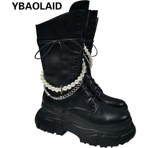 Leather Pearl Metal Chain Front Lace-up Side Zipper Heightening Platform Platform Platform Platform Mid-tube Martin Boots
