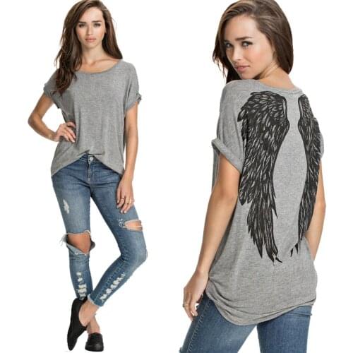 Summer Women T shirt Back Angel Wings Print T-shirt Casual O-neck Short Sleeve Tops Tee lager size Gray Lady Tops Women Tees