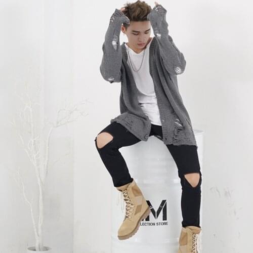 Men Winter Ripped Hole Cardigan Sweater Hip Hop Punk Streetwear Knitwear Male Oversized Warm Wool Loose Sweater Coat X9222