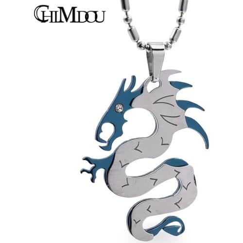 CHIMDOU Banquet Hot sale Fashion Men Stainless Steel blue Silver Color Sky Dragon pendant necklace P908