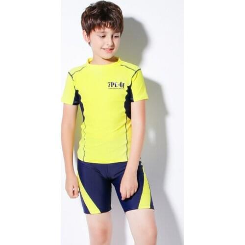 2021 Newest Teenage boys wear two-piece swimwear childrens sportswear short-sleeved yellow shirt and blue shorts