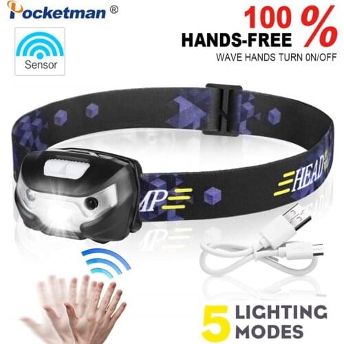 New Mini 5000LM Sensor LED HeadLamp Body Motion Sensor LED Headlight Portable Handy Headlamp for Outdoor Activities By USB Cable