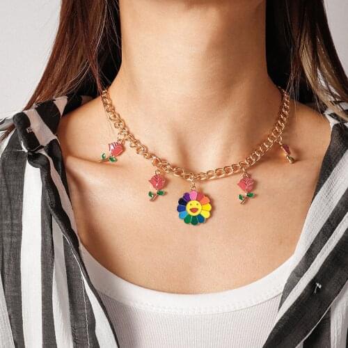 Fashion Sunflower Necklace for Women Smiley Flower and Rose Pendant Choker Necklace Girls Party Jewelry Gift Collier Femme