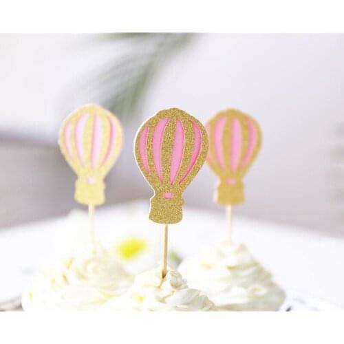 Personalised Hot Air Balloon glitter Cupcake Toppers /Customised Baby shower cake topper/Party Decorations Dessert toothpicks