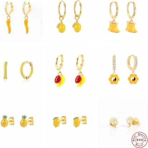 Aide 925 Sterling Silver Fresh Yellow Enamel Hoop Earrings Drip Oil Lemon Banana Pendants Charm Circle Earrings Fruit Jewelry