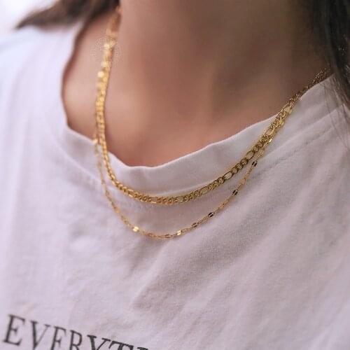 Simple Layered Necklace For Womens Gold Color Figaro Marina Link Chain Stainless Steel Jewelry Gifts Wholesale LDN296