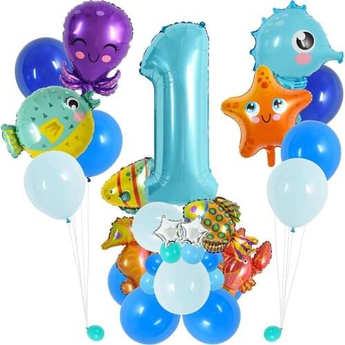 Sea World Ocean Animal Balloons Set Number Horse Puffer Fish Octopus Lobster Marine Blue Birthday Party Baby Shower Decorations