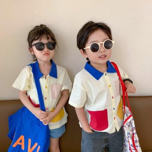Korean style summer 3 colors patchwork pocket short sleeve shirts 2021 children cotton casual Tops