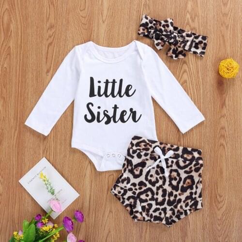 Breathable Infant Girls Clothes Suit Summer Autumn Long Sleeve O-neck Letter Romper + Leopard Print Shorts + Bow Headwear Set