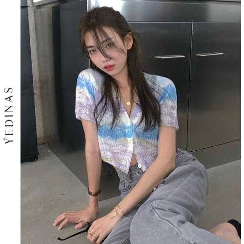 Yedinas Korean Style Tie Dye Crop Top Knitted Cardigan T Shirt Women Short Sleeve T-shirts Ladies Y2k 90s Knitwear Summer Tees