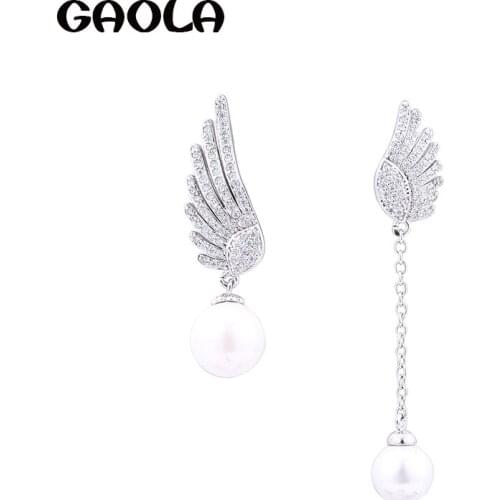 GAOLA New Fashion Imitation Pearl Feather Silver Color Cubic Zirconia Dangle Earring Women Jewelry GLE4893Y