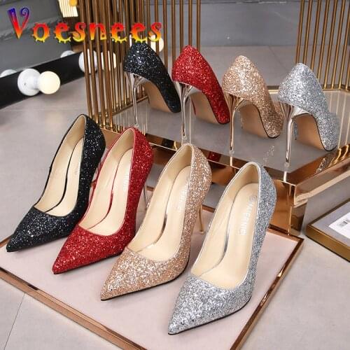Voesnees 2020 Fashion Single Shoes Women Ladies Sequins High Heels 11cm Metal Heel Shallow Mouth Pointed Stiletto Womens Pumps