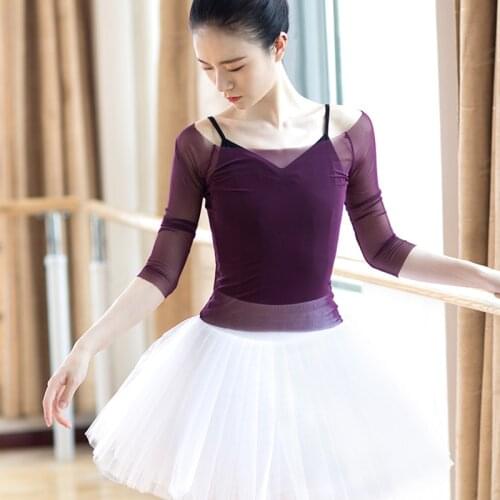 Dance tops women ballet mesh T shirt ballerina long sleeve off shoulder sheer ballet tops women dance clothing sexy dancewear
