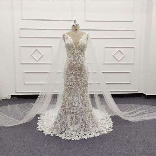 Sexy Deep V Neck Mermaid Wedding Dresses 2021 Luxury Beaded Embroidery Women Champagne Bridal Wedding Gowns Cape SJ578