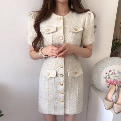 Korea Chic French Temperament Round Collar Chic Gold Button Slim Short Sleeve Package Hip Tweed Dress Lady