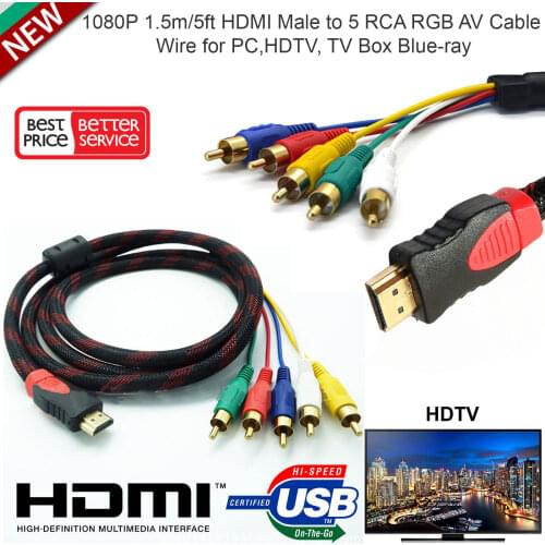 1.5M 5FT Male HDMI-compatible to 5 RCA Audio Video Cable Component Convert RGB YPbPr AV Composite Cable for XBox 360 HDTV etc