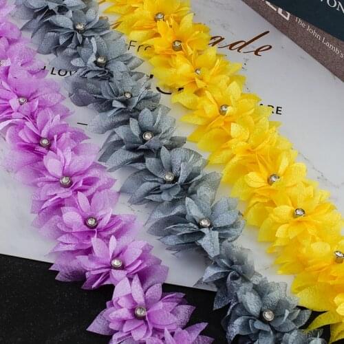 1 yards Rhinestone Chiffon Flowers Organza Lace Ribbon DIY Headwear Clothing Decoration Accessories Trim Materials