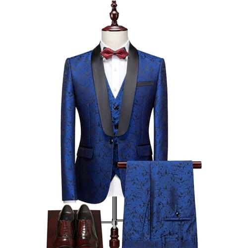 2021 New Luxury Brand Jacquard Printed Men Suit Slim Fit Groom Wedding Tuxedo Party Male Suits Royal Blue S-5xl