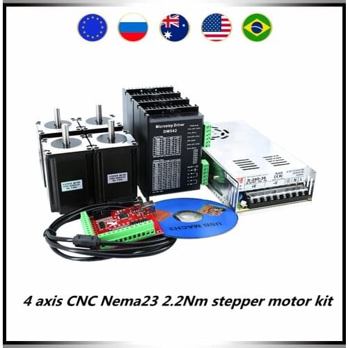 4 axis CNC Nema23 57 stepper motor kit include 4 pcs 2.2Nm 3A motor +4 pcs drivers + 1 pcs 350w36v power supply + MACH3 card