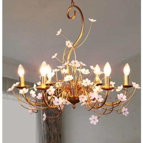 American Pastoral golden iron petal flower pendant light lamp bedroom dining room handing lighting