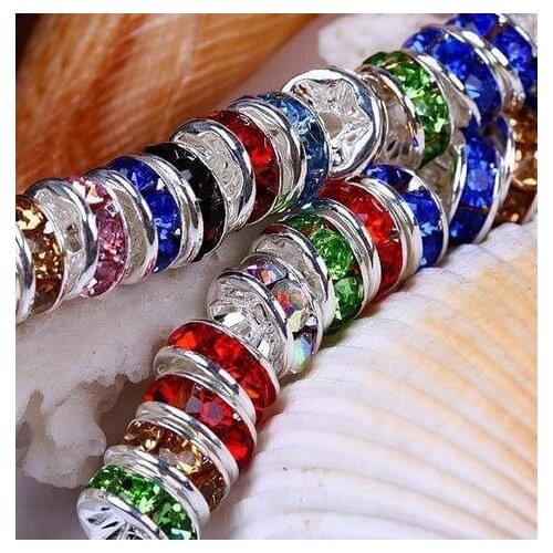 Free Shipping+Gift 10mm Mixed Color Lot Rhinestone Rondelle Spacer, Silver Plated oks Loose Beads Fit Charm Bracelet