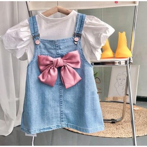 Children Sets Toddler Kids Baby Girl Clothes Summer Solid Puff Sleeve Tops+Denim Suspender Skirt Girl Outfit Baby Clothes 2-6Y