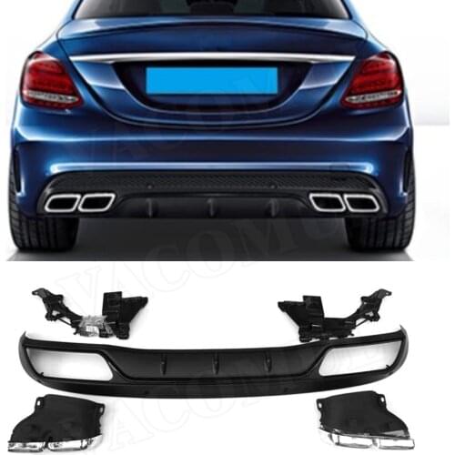 For C Class PP Rear Bumper Lip Diffuser with Exhaust Tip for Benz W205 Sport Bumper 4 Door Change to C63 AMG not for standard