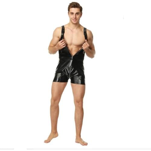 Erotic underwear mens faux leather jumpsuit camisole jumpsuit shorts Mens Vest Gay Clothes T-shirt Club Wear Sleepwear