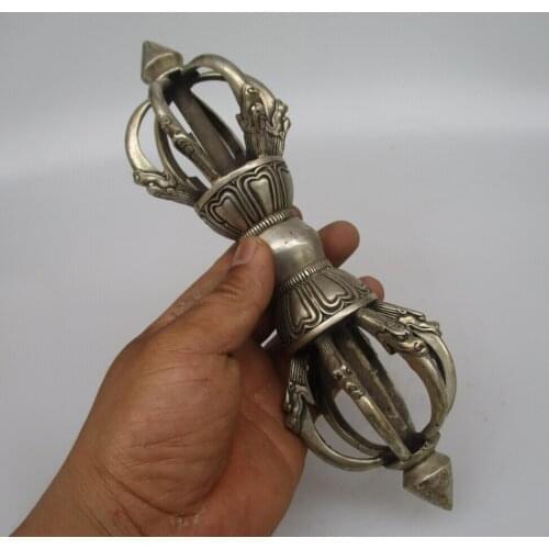 Collectible Decorated Old Handwork Tibet Silver Carved Buddhist and adder/ Nepal Buddhist slayer stick