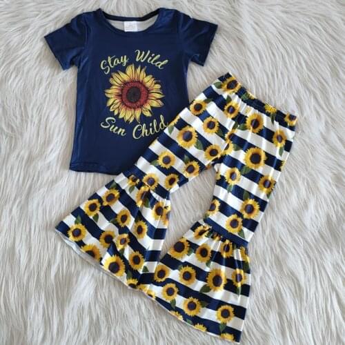 2PCS Fashion girls kids Clothing Set Babies Girl sunflower printed Tops and Bell Bottoms Set Boutique Kid outfits