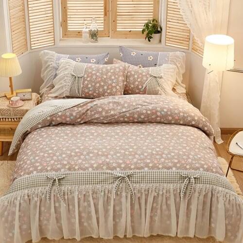 Korean style Bedding set ruffles Duvet cover100% cotton bedskirt Pillowcases queen king size 4pcs for girls bed set