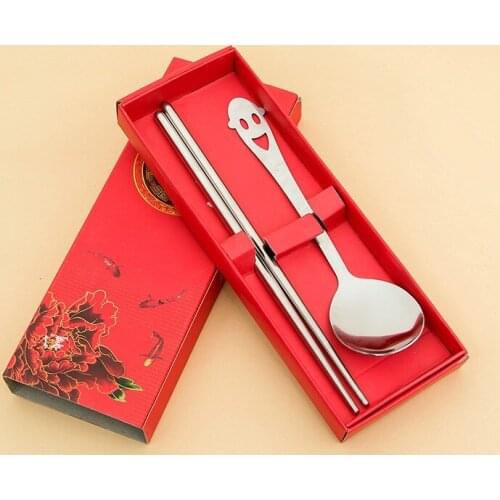 Kitchen Dining Tableware Stainless Steel Cartoon Smiling Face Spoon Chopsticks Couples With Gift Box 10set /lot