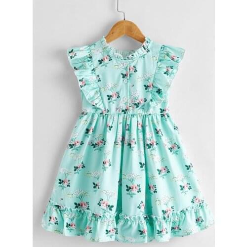Menoea 2021 Summer Dress Children European And American Style Princess Dress Kids Fly-Sleeve Flower pattern Blue Clothes Dresses