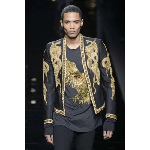 Fashion Hand-Made Men Blazers Suits Jacket Flat Collar Suit Wedding Royal Gown Gold Beaded Slin Fit Suits Male Party Groom