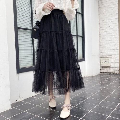 Early Autumn Dot Multi-layer Mesh Skirt Women Romantic Fairy Long Puffy Cake Skirt Women Black Tulle A-line Skirts Female